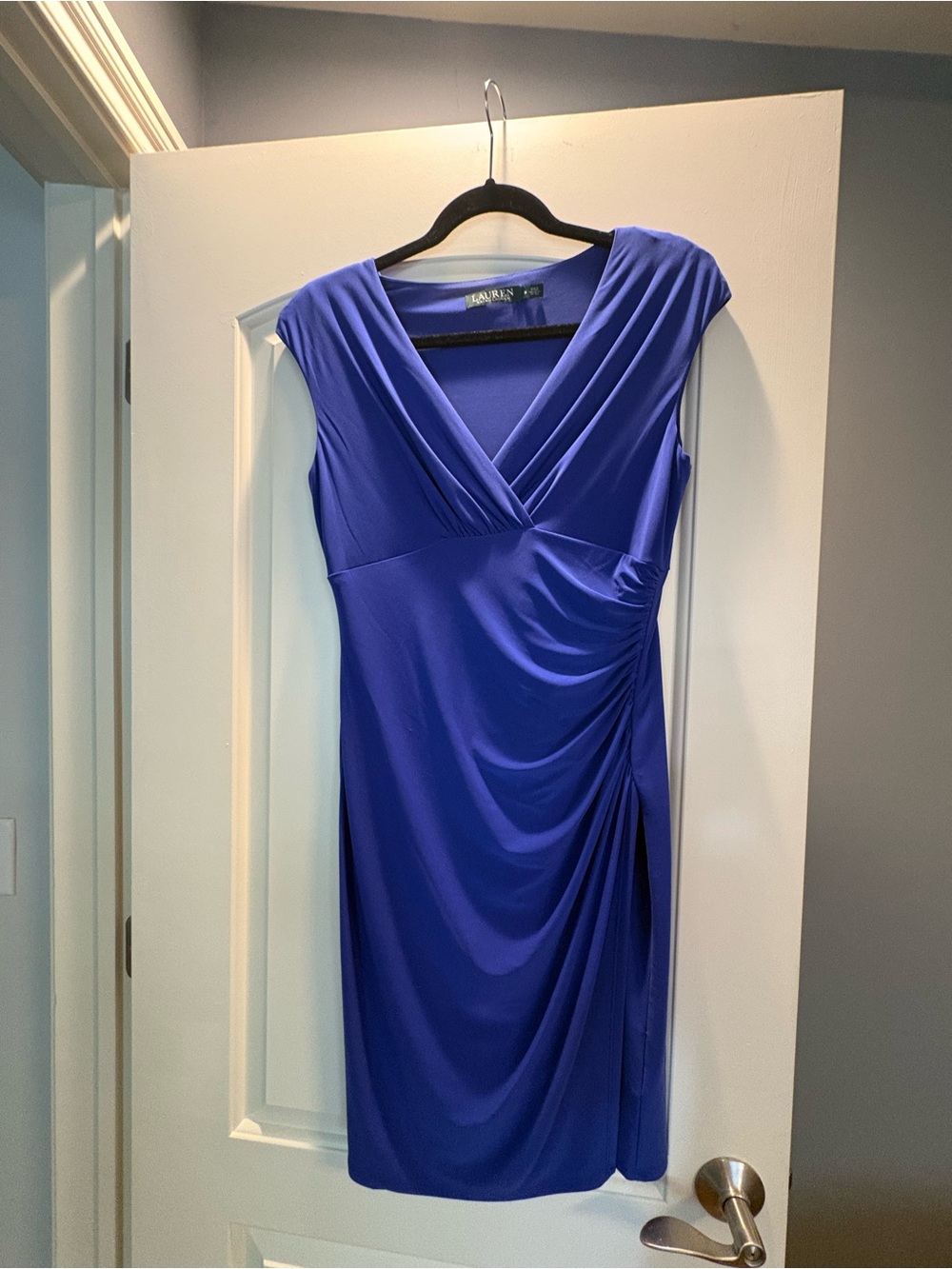 Ralph Lauren Cobalt Blue V-Neck Ruched Midi Dress